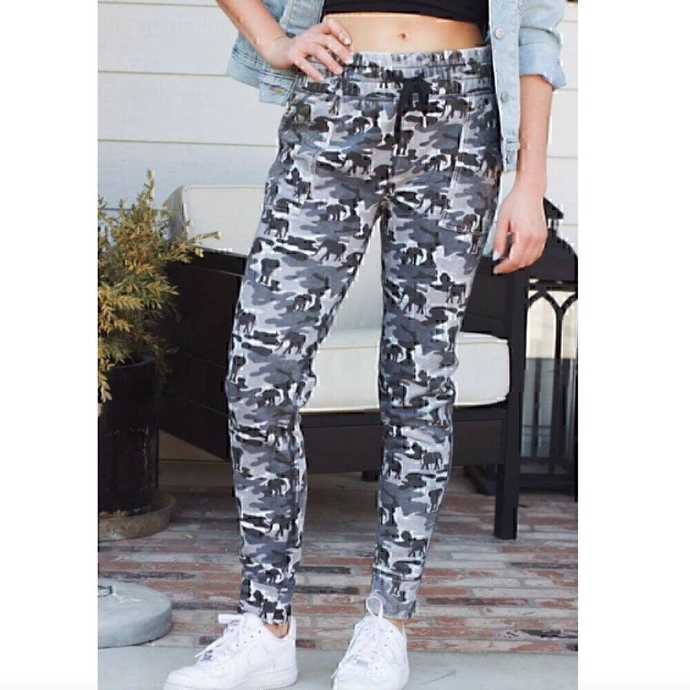 IVORY ELLA Camo Slim Fit Jogger Pants Gray Olive Distressed Pull On Drawstring